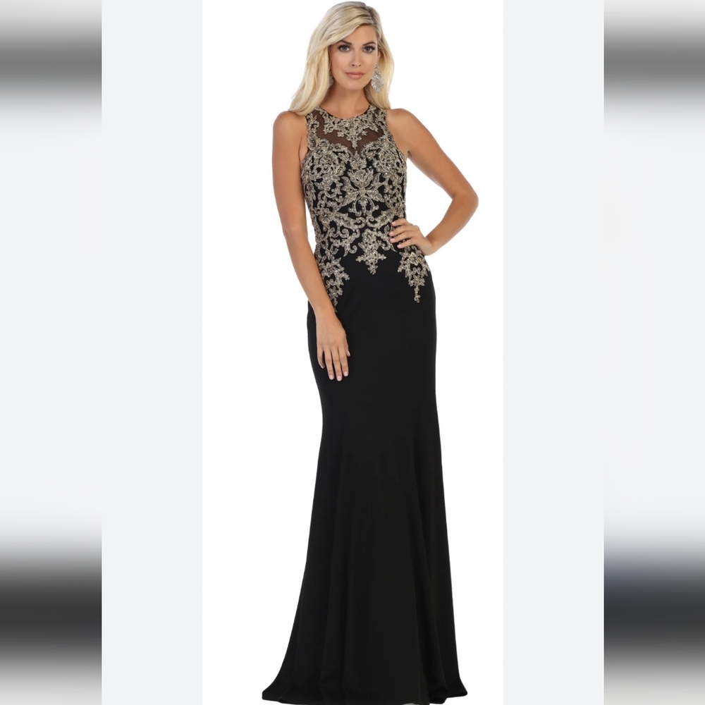 Elegant Black Maxi Dress with Gold Embellished Bodice